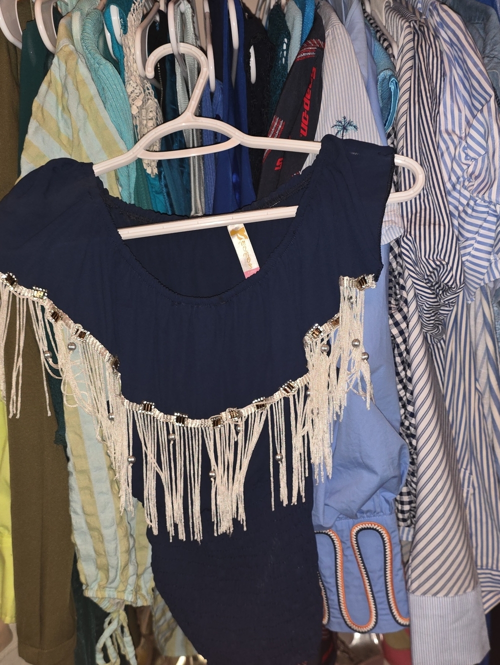Navy Fringe Off-Shoulder Women’s Top